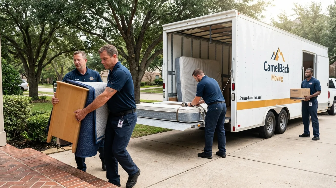 Crew loading residential truck for cross-state move from Stratford, WI