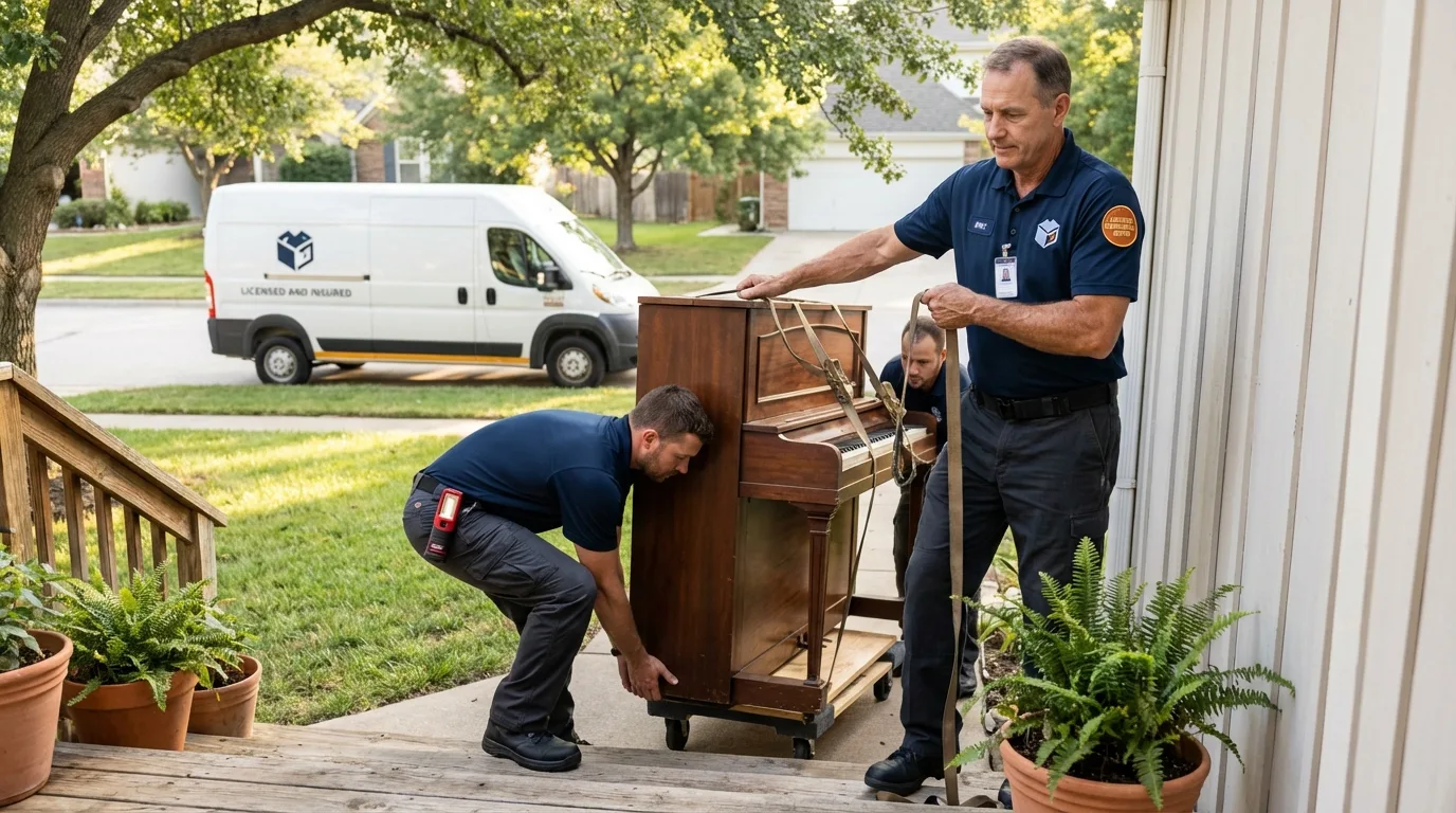 Licensed piano movers securing grand piano in Stratford, WI