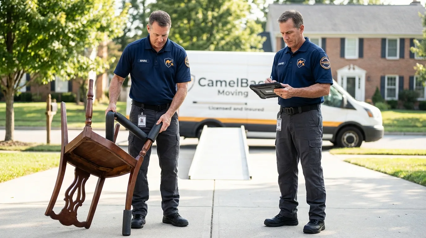 Movers inspecting furniture for damage prevention before loading in Stratford, WI
