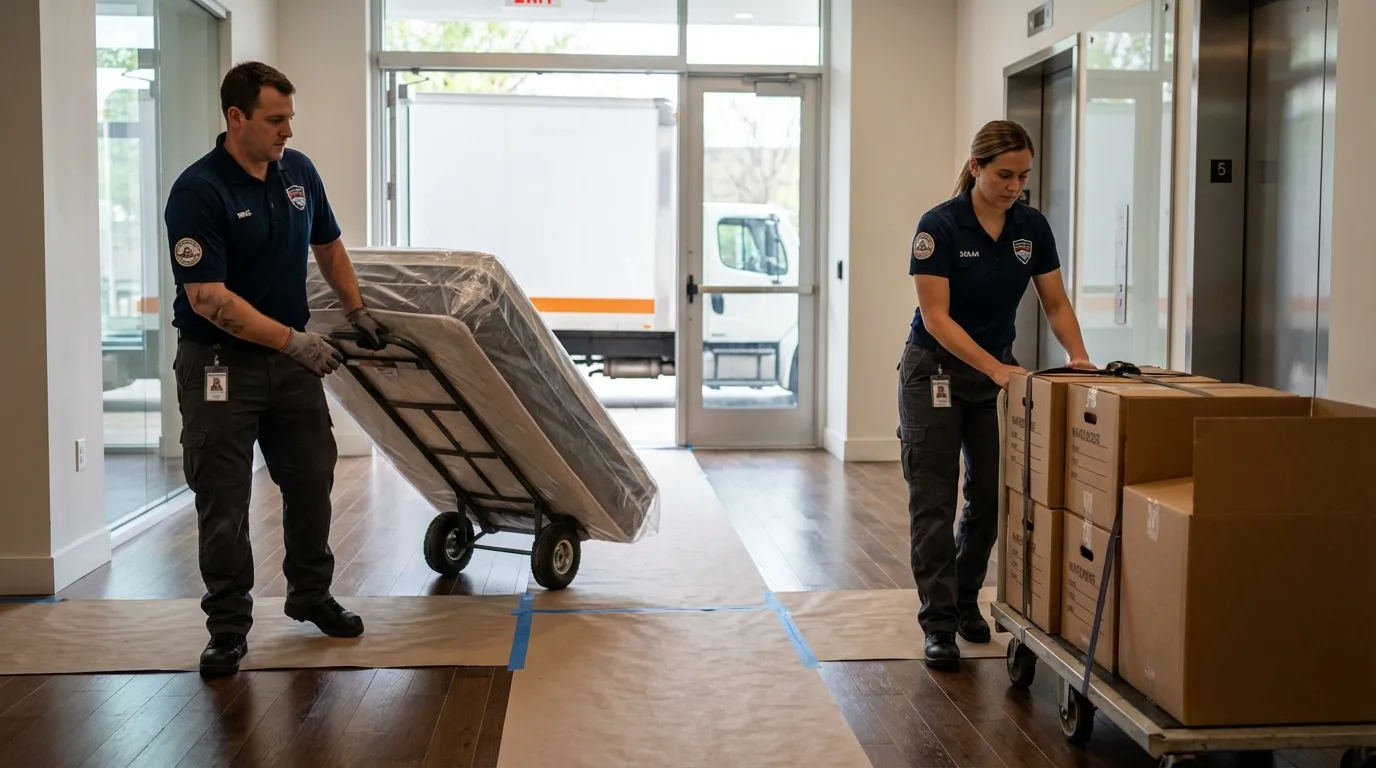 Professional apartment movers loading elevator in Stratford, WI