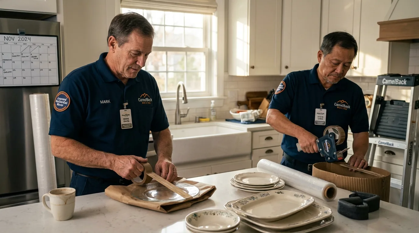 Professional crew packing kitchen dishware in Stratford, WI